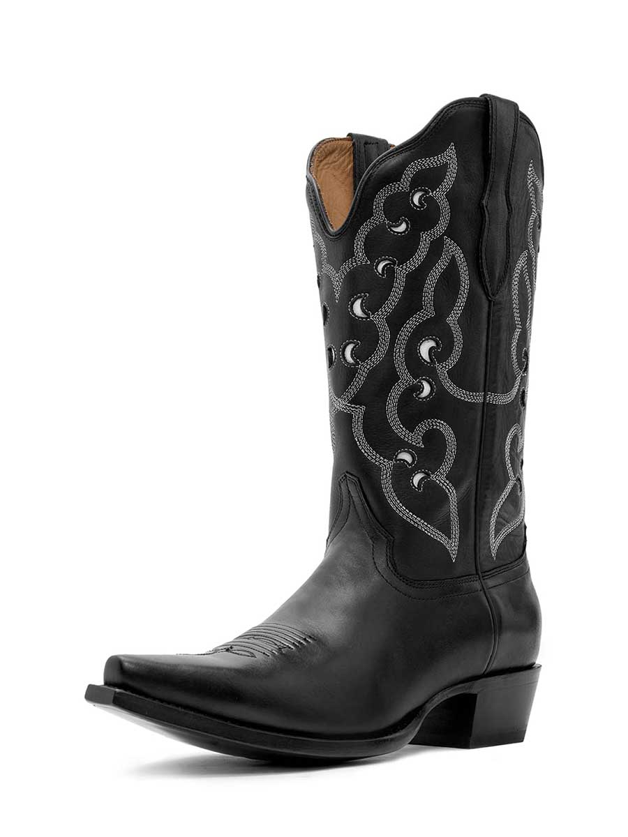 Black Snip Toe Chunky Heel Moon Inlay Mid-Calf Cowgirl Boots