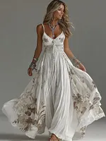 Women's Vintage Floral Pattern Art V Neck Maxi Dress