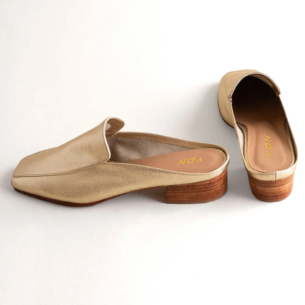 Gold Metallic Finish Square Toe Block Heel Loafer Mules for Women
