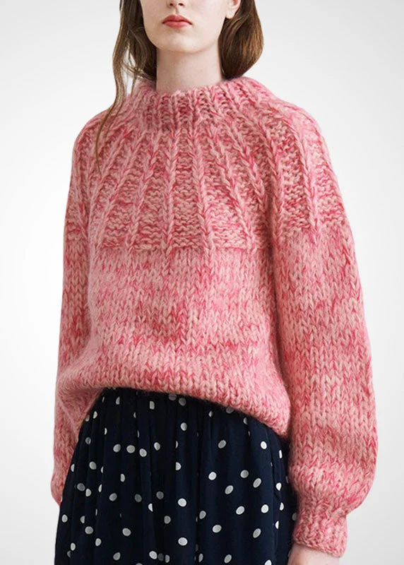 Handmade Pink High Neck Thick Knit Sweater Tops Winter