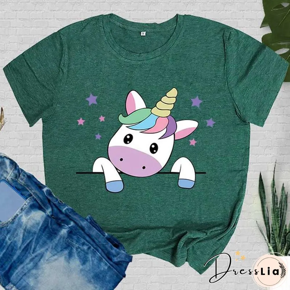 Women T-Shirt Unicorn Print Short Sleeve Casual Tee Round Neck Tops