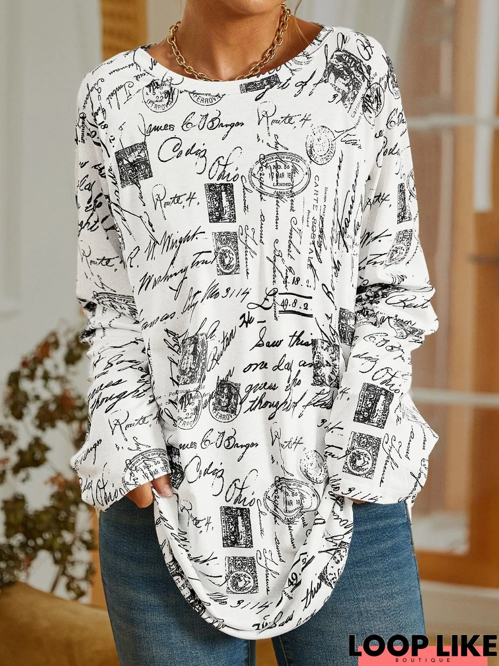 White Casual Posters Printed Long Sleeve Shift Tunic T-Shirt