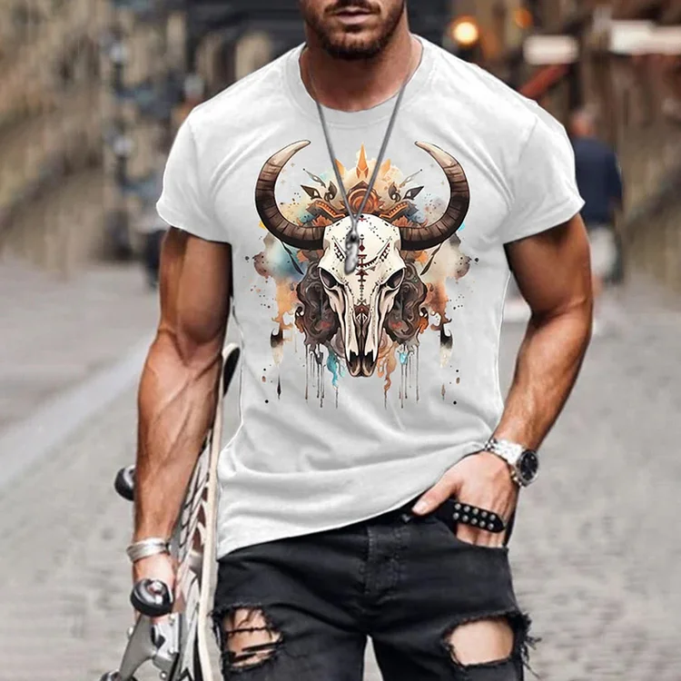 BrosWear Men'S Western Cow Skull Print Short Sleeve T Shirt