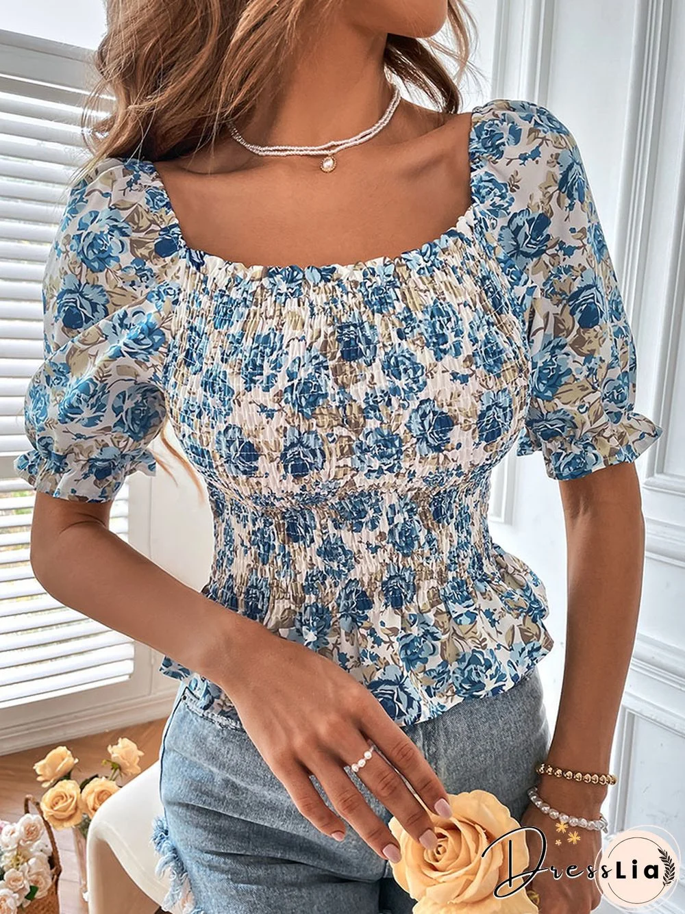 Women's Elegant Bodycon Blouses Top Summer Casual Print Square Neck Gathered Short Sleeve Floral Short Shirts Women Blouses