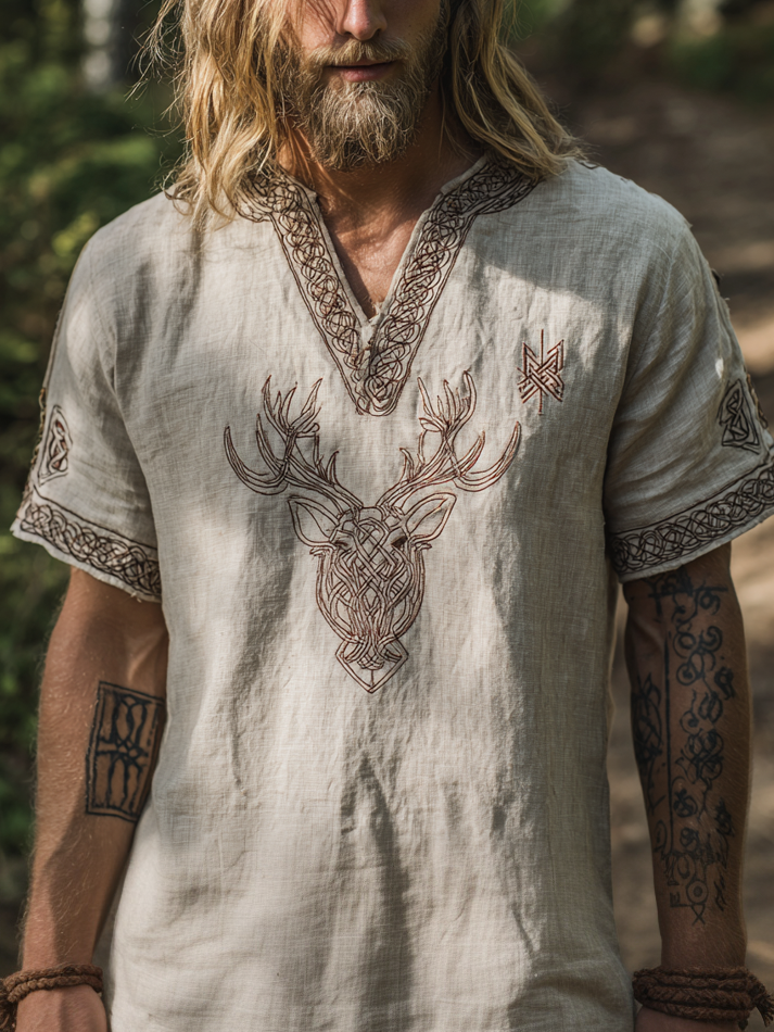 Men's Viking-Inspired Deer Short Sleeve Linen T-Shirt / Rvogue / Rvogue