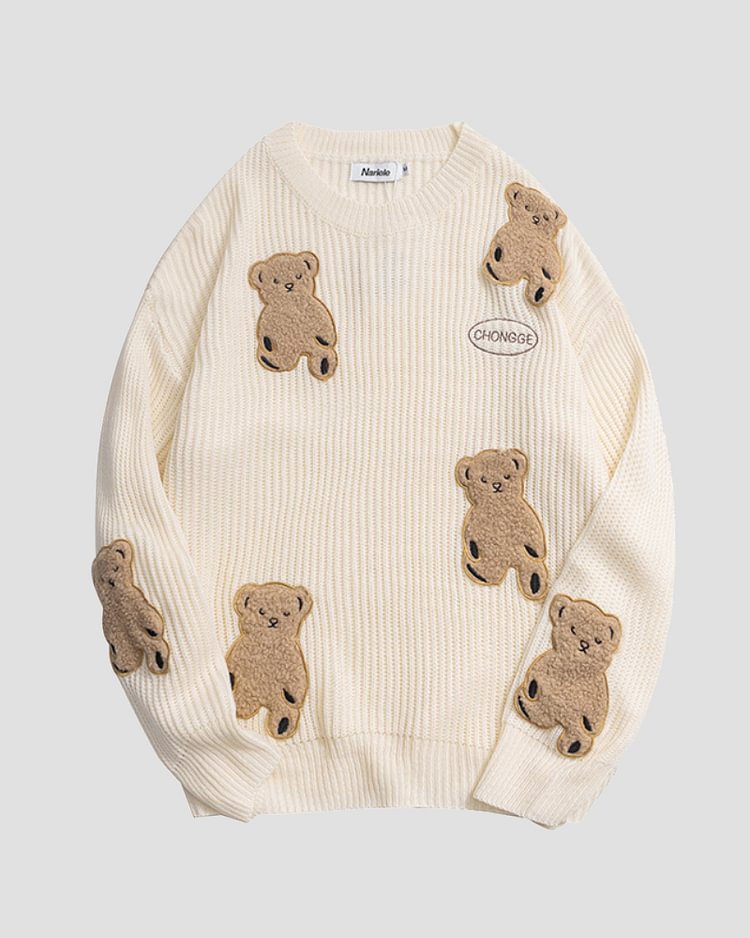 Y2K Flocking Bear Cartoon Casual Pullover Sweater-luchamp:luchamp