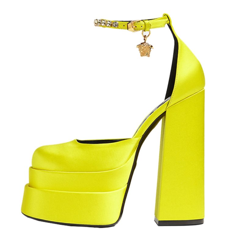 Women's Double Waterproof Platform Square Head Hollow Thick Heel Satin Rhinestones Heels and Pumps Novameme
