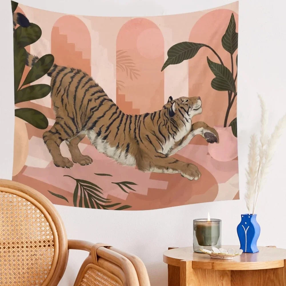 Pink Tiger Tapestry Ainmal Plant Cartoon Dorm Room INS Painted Tapestry Wall Hanging Boho Decor Wall Cloth Tapestry Jungle Tiger