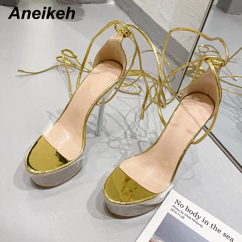 Aneikeh Ultra High Crystal Platform Sandalias Peep Toe Ankle-Wrap Buckle Strap NEW Women Shoes Summer Nightclub Party Fashion