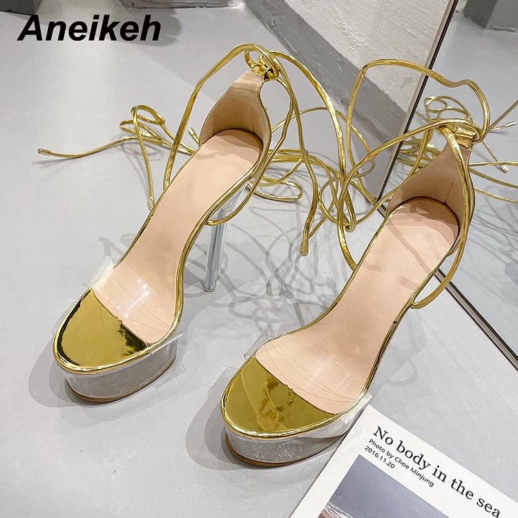 Aneikeh Ultra High Crystal Platform Sandalias Peep Toe Ankle-Wrap Buckle Strap NEW Women Shoes Summer Nightclub Party Fashion - BlackFridayBuys