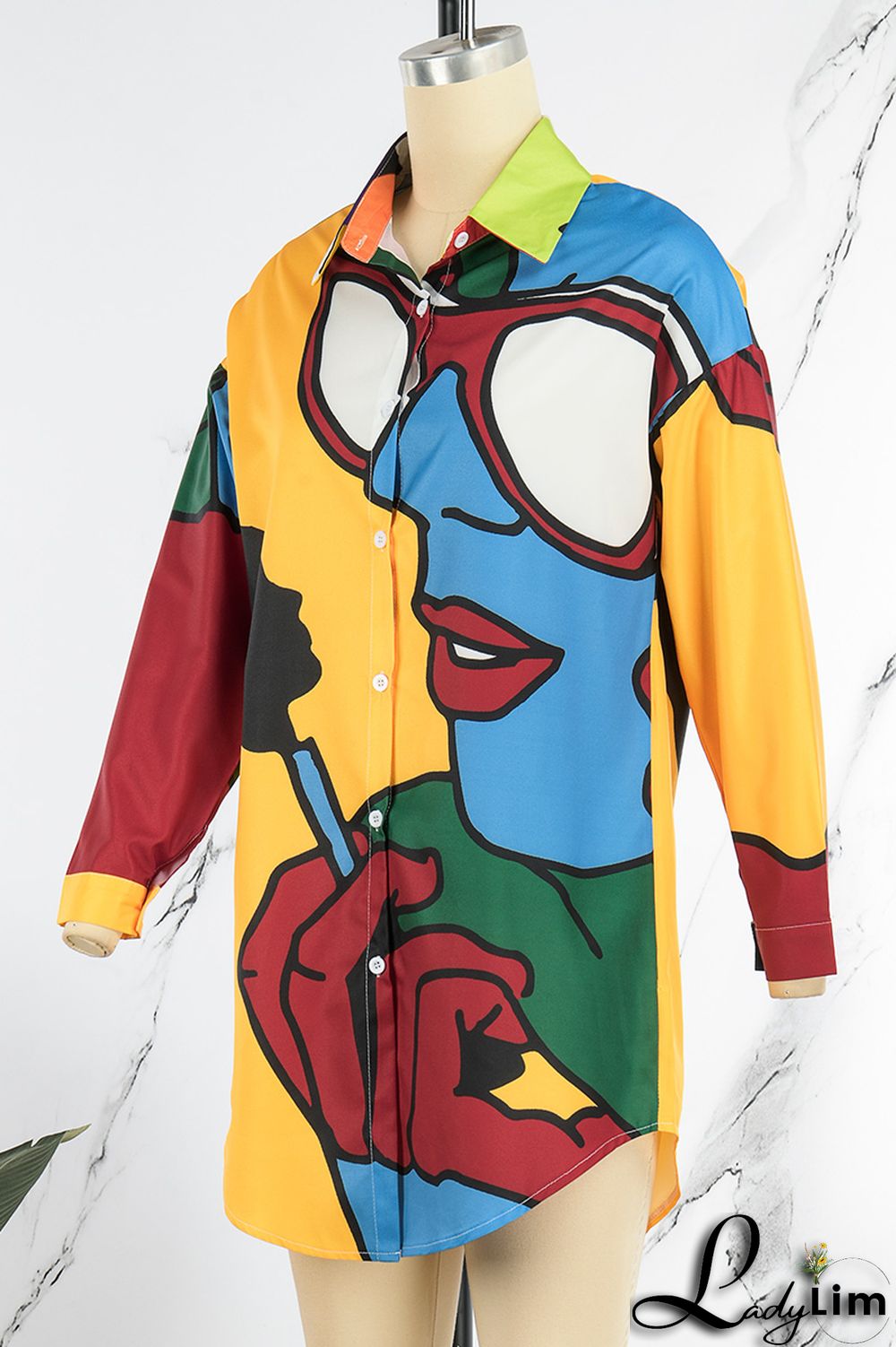 Purple Green Casual Street Print Patchwork Buckle Turndown Collar Tops