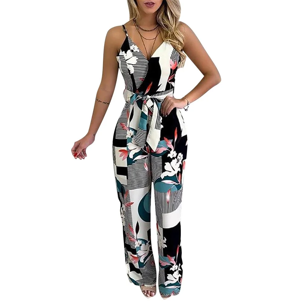 Women Sleeveless Fahion Print Jumpsuits Backless Elegant Office Lady Casual Summer Strap Sexy V Neck Belt Wide Leg Romper D30