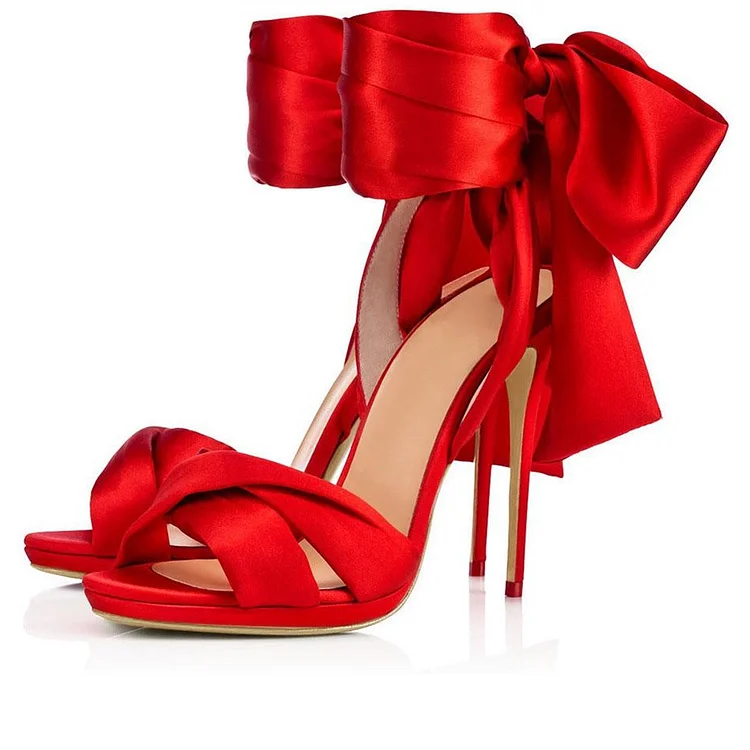 Red Satin Bow Evening Shoes Ankle Wrap Stiletto Heel Sandals |FSJ Shoes
