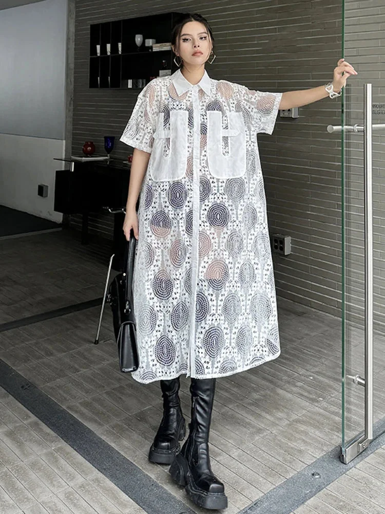 Chic White Lapel Buttoned Perspective Lace Sheer Short Sleeve Dress