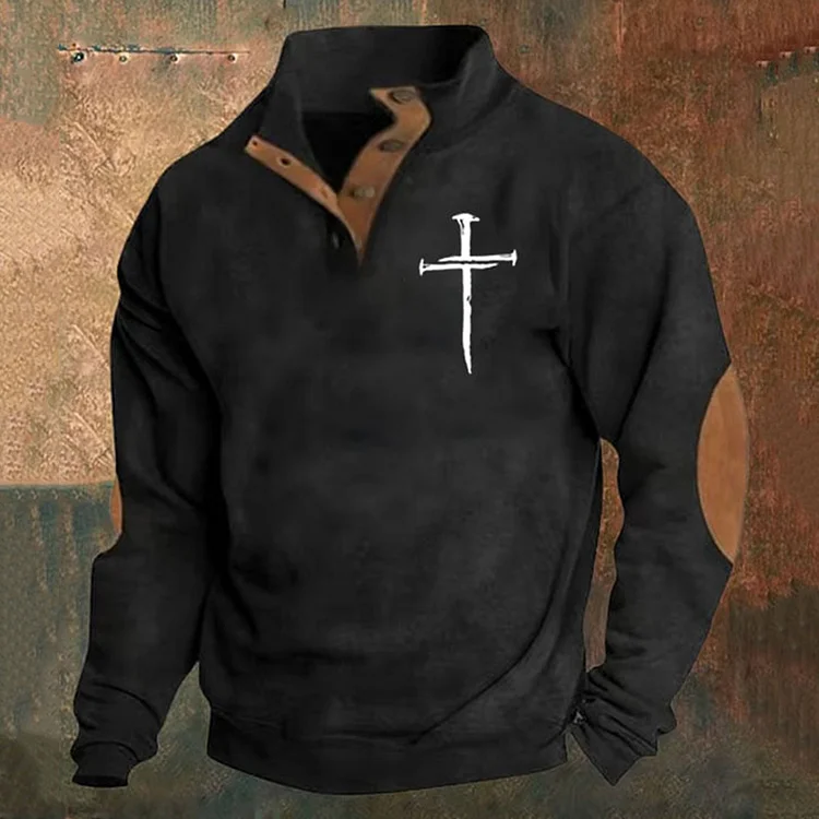 Utbros Men's Faith Cross Printed Stand Collar Button Sweatshirt