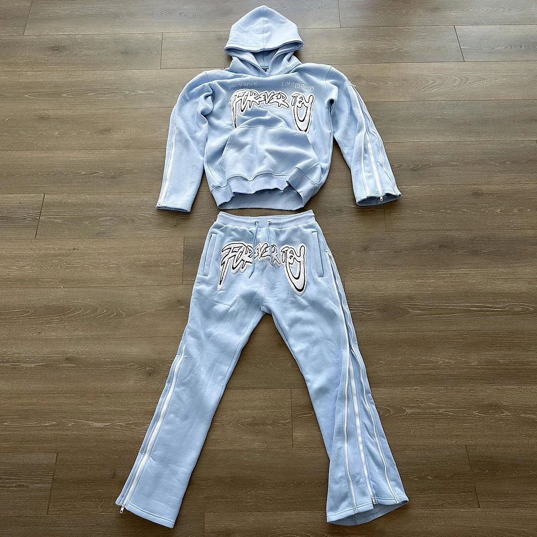 Personalized Fashion Letter Print Pattern Zipper Detail Hoodie & Flared Trousers Set