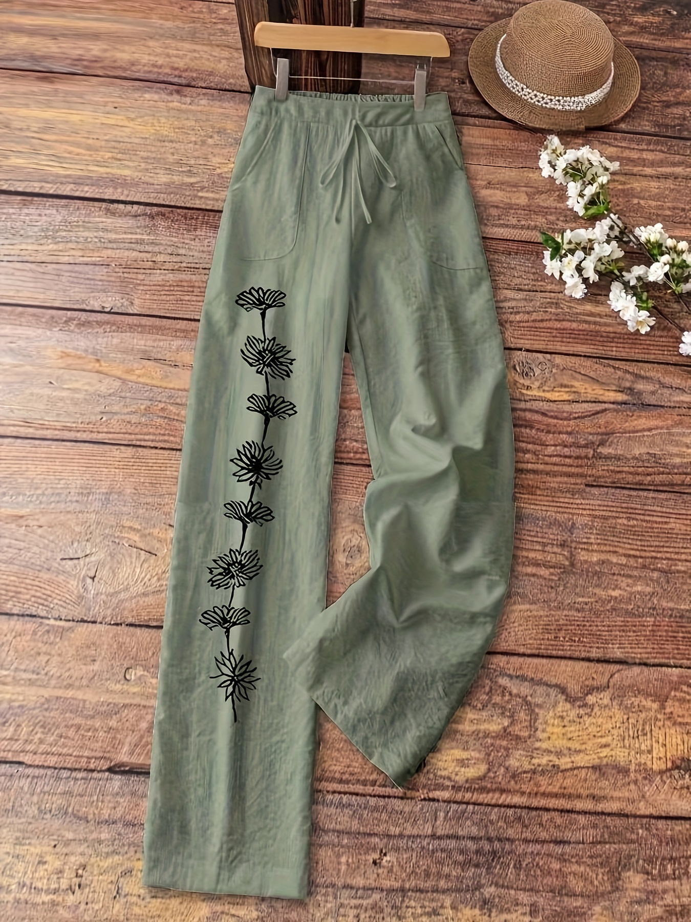 Womens Elegant Black Wide-Leg Pants With White Floral Pattern Drawstring Waist Straight | IFYHOME