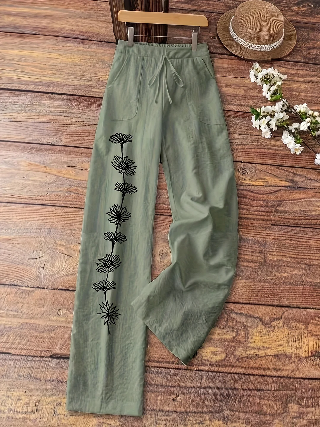 Women's Elegant Black Wide-Leg Pants With White Floral Pattern - Drawstring Waist, Straight Cut, Perfect For Casual, Beach, And Summer Outfits, Beach Attire | Floral Pattern Pants | Smooth Texture | IFYHOME