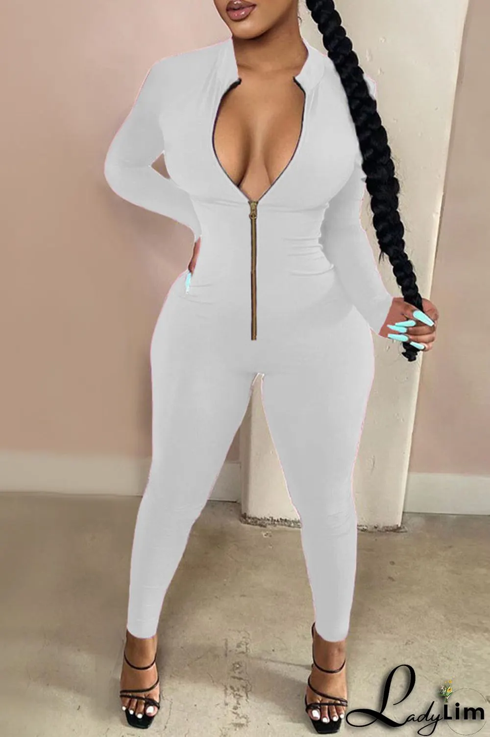 Rose Red Sexy Casual Sportswear Solid Zipper Half A Turtleneck Skinny Jumpsuits