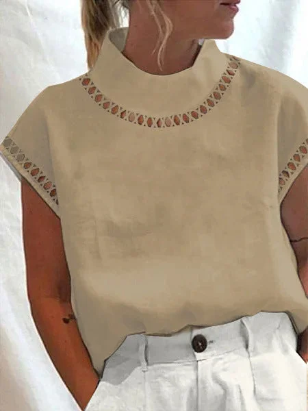 Women plus size clothing Cotton & Linen Plain Hollow Out Tops Casual Turtleneck Breathable T-Shirt-Nordswear