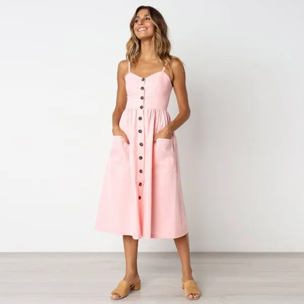 Button Striped Print Cotton Casual Beach Summer Dress Sexy Spaghetti Strap Pockets V-neck Off Shoulder Women Midi Dress Vestidos