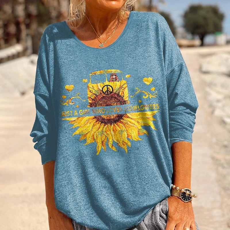 Just A Girl Who Loves Sunflowers Printed Hippie Long Sleeves T-shirt