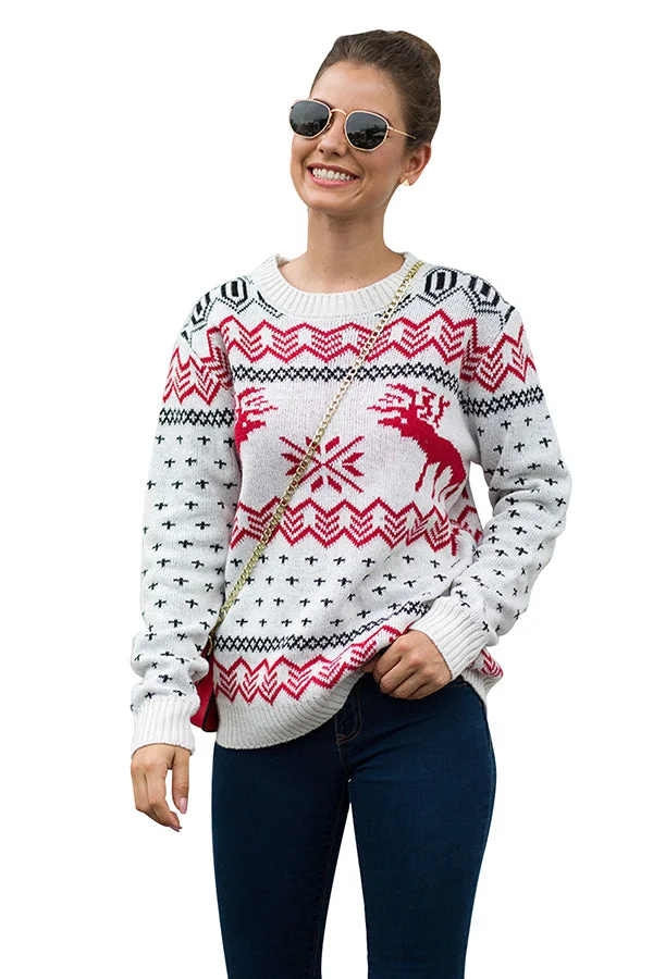 Reindeer Snowflake Pullover Sweater White-elleschic
