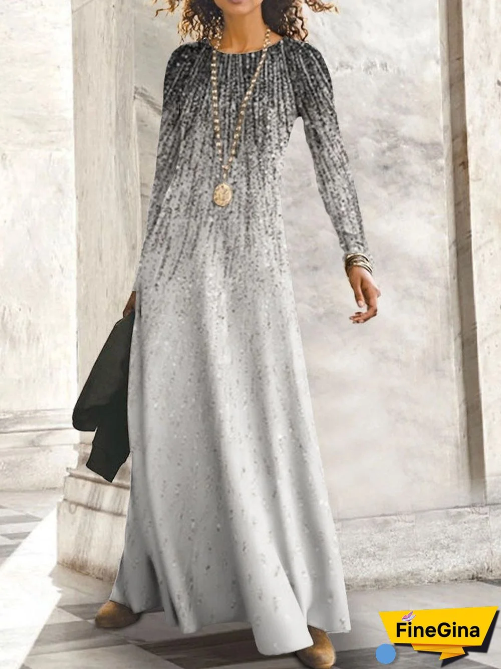 Women Long Sleeve Scoop Neck Printed Maxi Dress