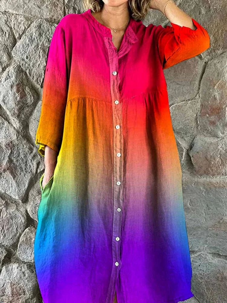 Women's Rainbow Art Cotton and Linen Dress with Pockets