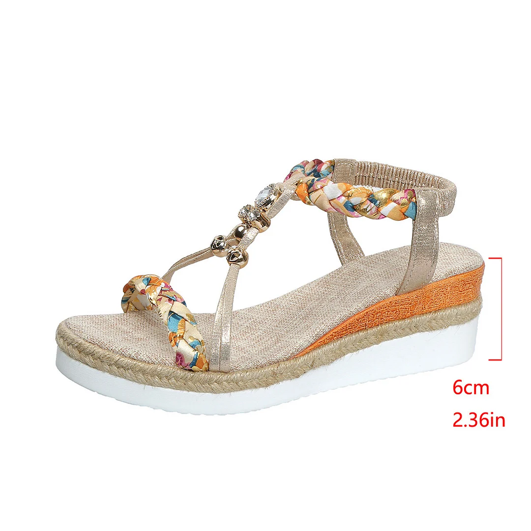 Yyvonne And Summer New Round Head Flat Bottom Heel Sandals Women Weaving Beads Toe Bohemian Thick-Soled Beach Sandals