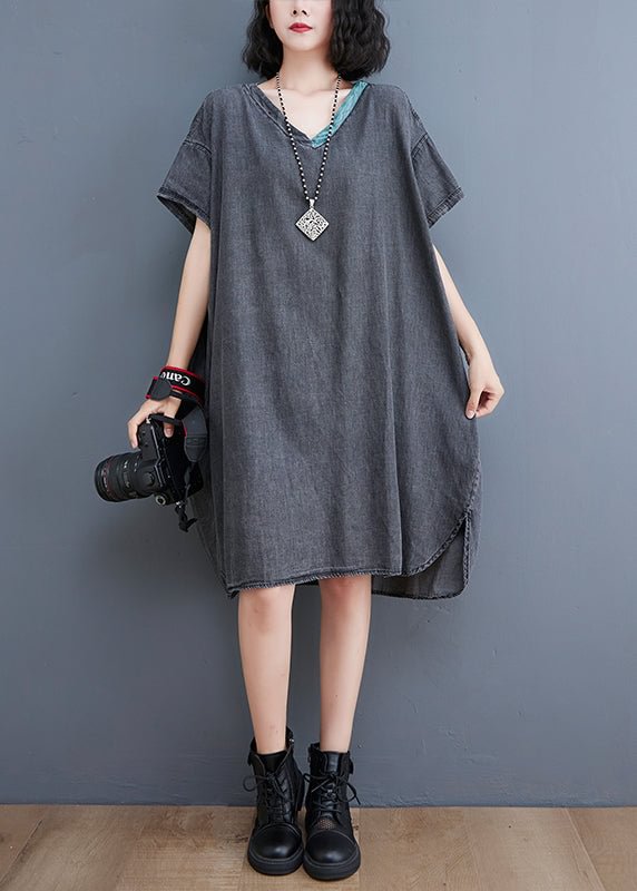 Boutique Black V Neck Patchwork low high design Denim Dresses Short Sleeve CK608- Fabulory