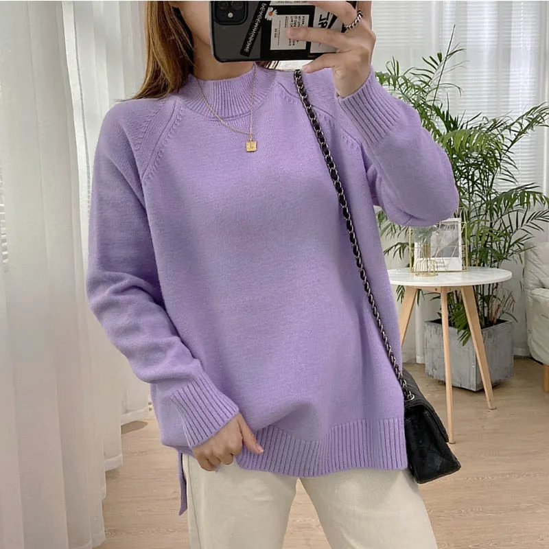 Women Mock Neck Pullovers Sweater High Quality Oversized Jumper Split Fall Winter Clothes Beige Purple Green 8 Colors  C-232