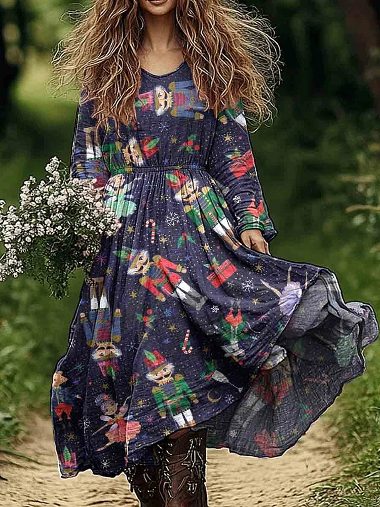 Womens Christmas Nutcracker Pattern Cotton and Linen Dress