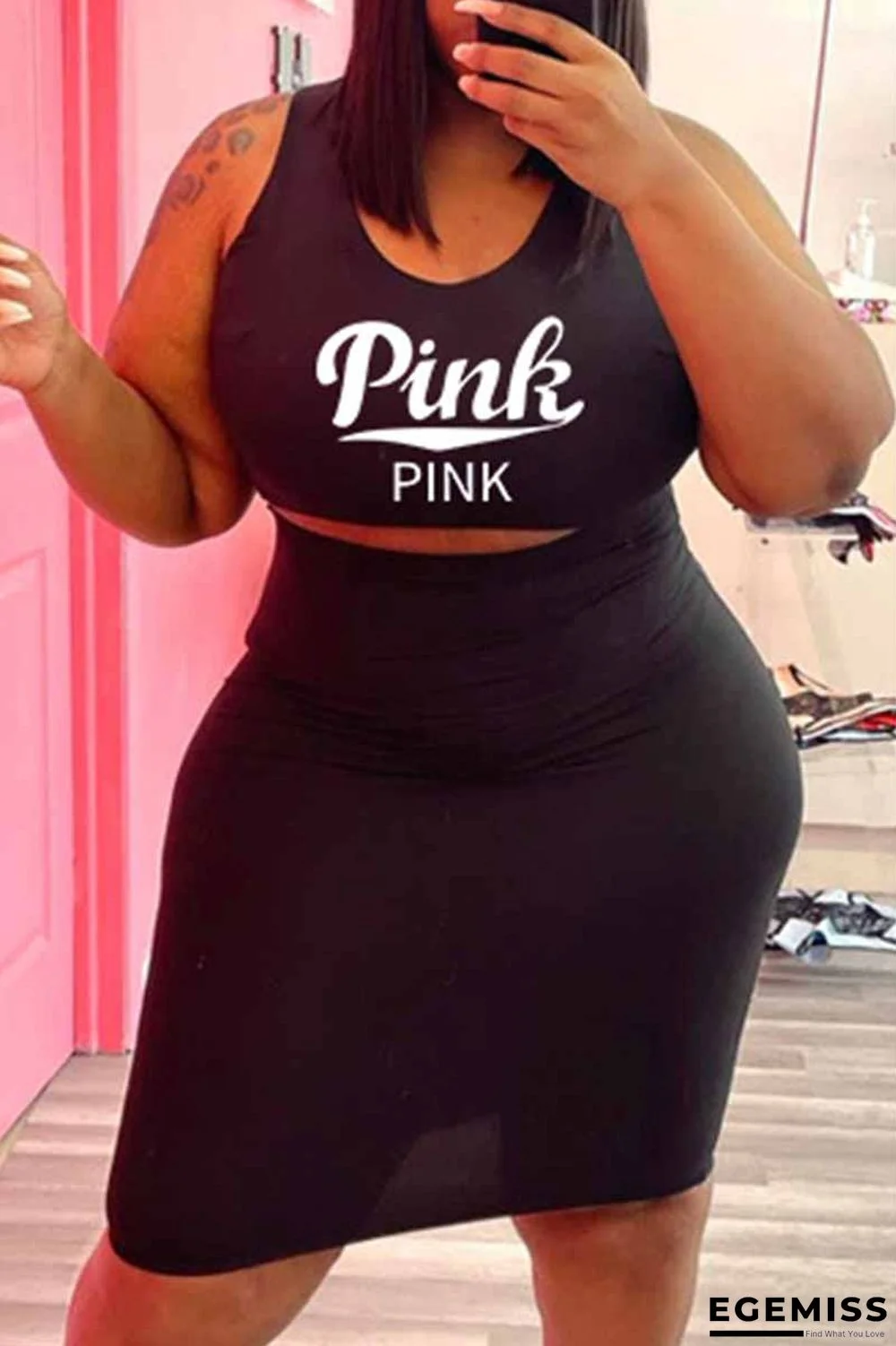 Black Sexy Casual Letter Print Vests O Neck Plus Size Two Pieces | EGEMISS