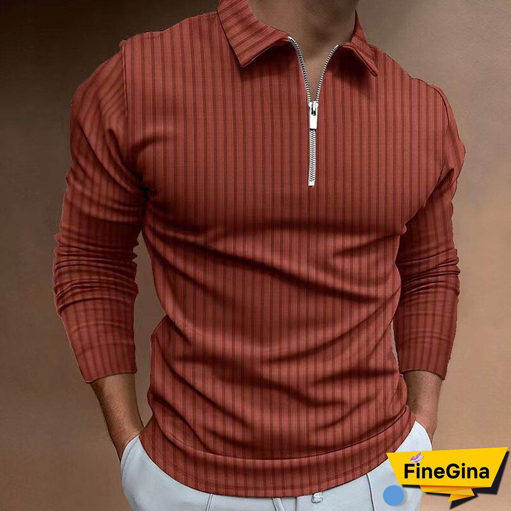 Brown Men's Waffle Solid Color Collar Patchwork Long Sleeve Zipper Shirt