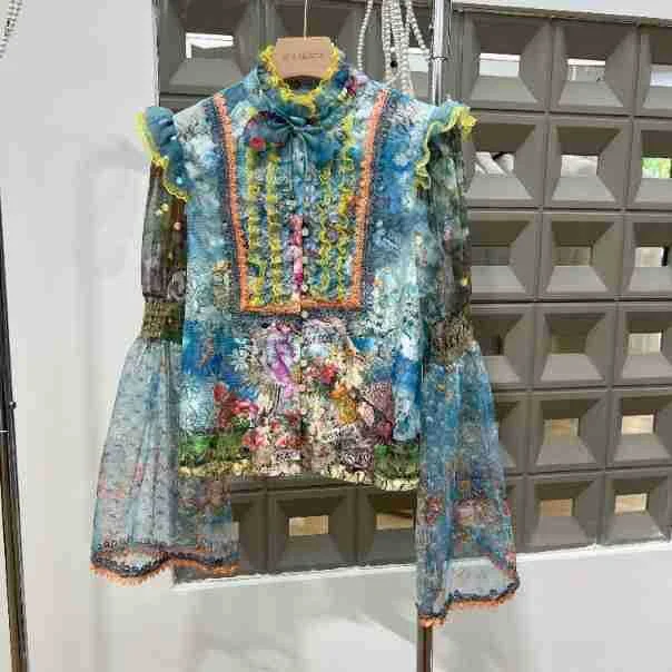 Zingj Amazing Chic Autumn Fashion Retro Court Horn Long Sleeve Collar Shirt + Printed Mesh Dress