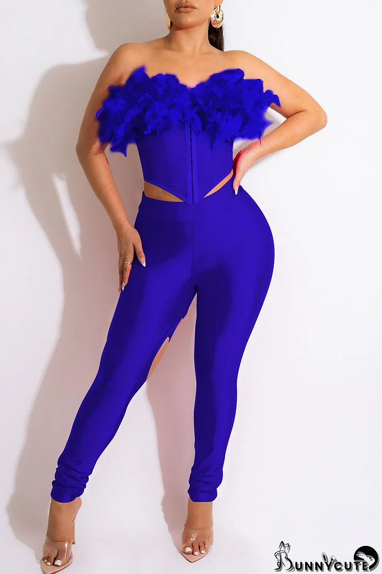 Royal Blue Sexy Solid Hollowed Out Split Joint Feathers Strapless Sleeveless Two Pieces
