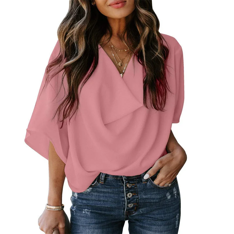 Uveng Summer V-neck Loose Half Sleeve Blouses