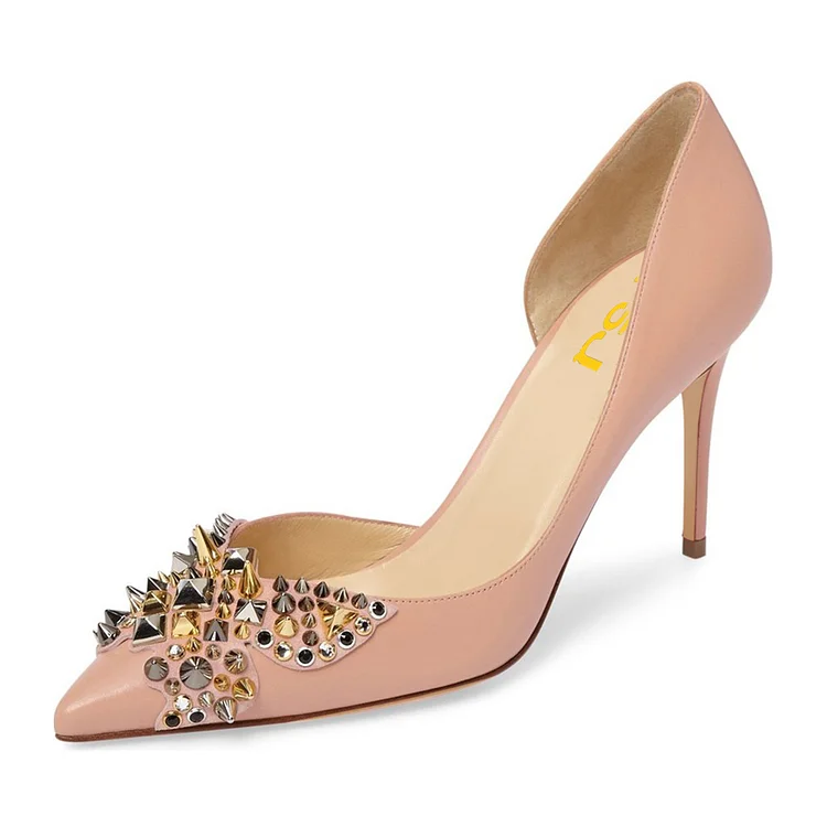 Blush Riveted Pointy Toe Stiletto Heel Pumps Vdcoo