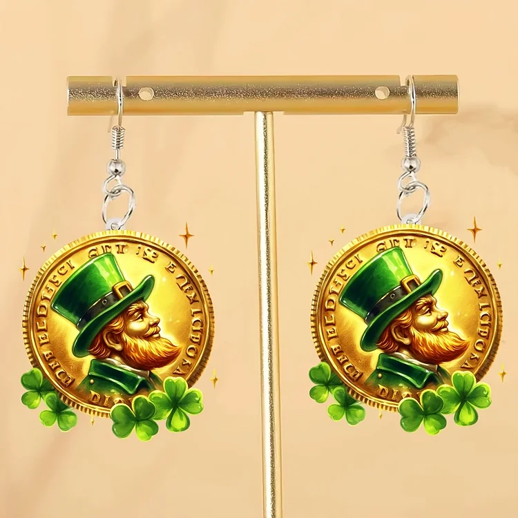 St. Patrick'S Day Coin Green Hat Grandpa Earrings