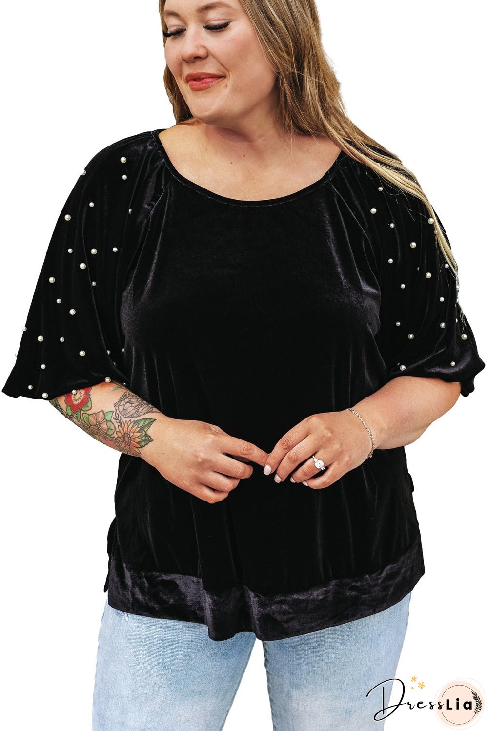 Black Pearl Embellished Puff Sleeve Velvet Plus Size Top