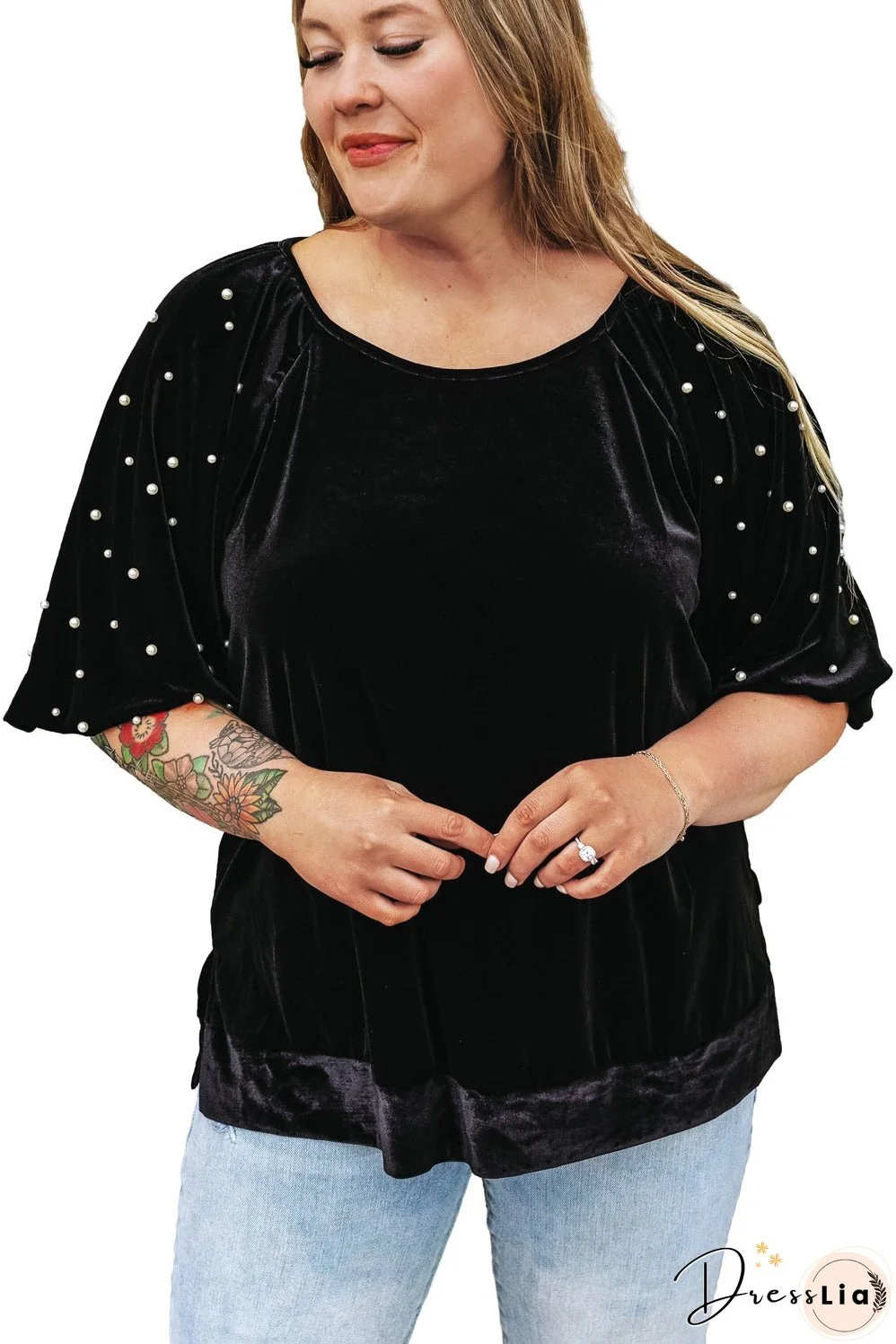 Black Pearl Embellished Puff Sleeve Velvet Plus Size Top