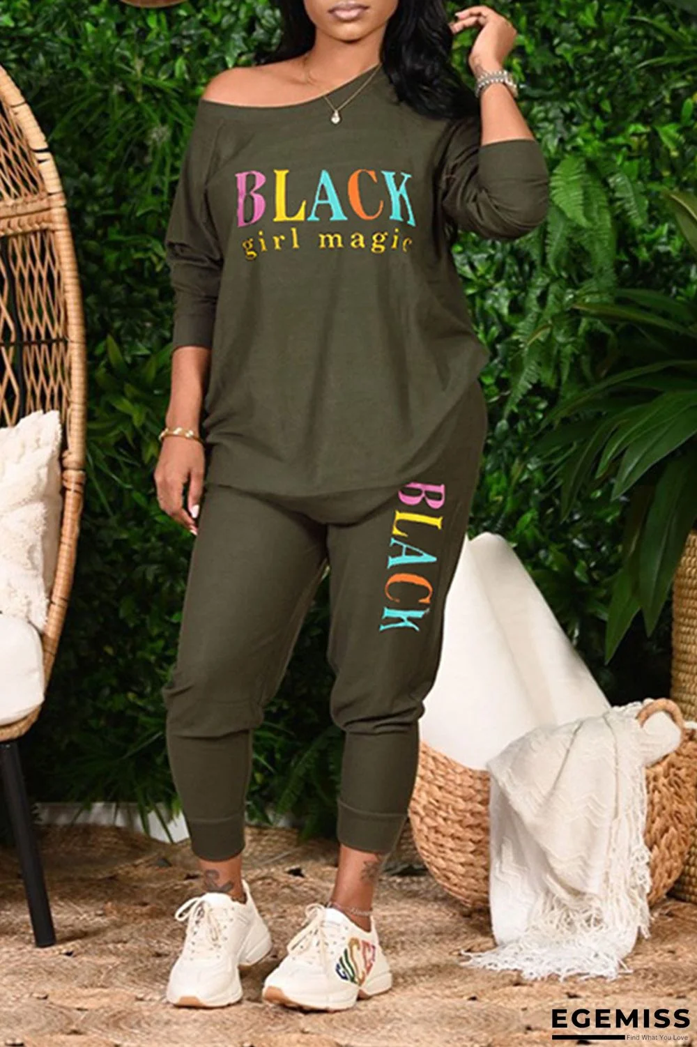 Army Green Casual Letter Print Patchwork O Neck Long Sleeve Two Pieces | EGEMISS