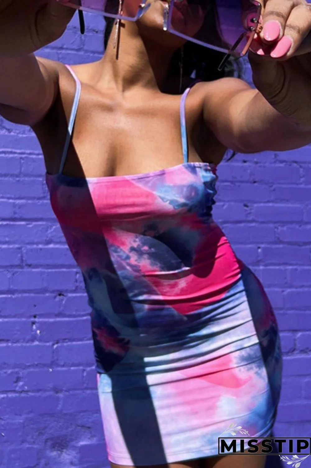 Blue Sexy Casual Print Backless Spaghetti Strap Sleeveless Dress Dresses