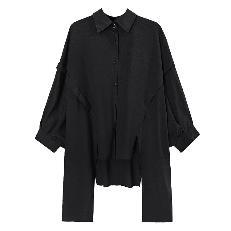 Fashion Solid Color Lapel Patchwork Irregular Batwing Long Sleeve Short Front Long Back Shirt    