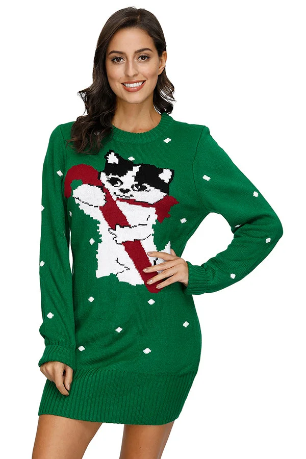 Christmas Cat Sweater Dress Emerald Green-elleschic
