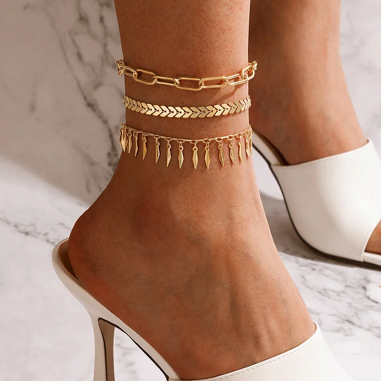 Simple tassel thick chain gold fashion three-piece anklet