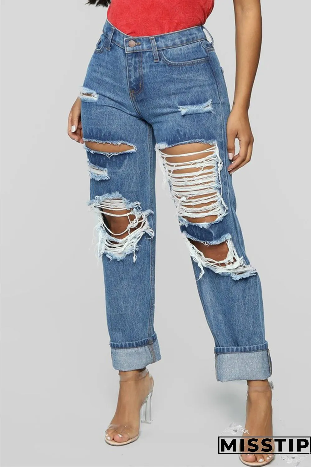 Light Blue Fashion Casual Solid Broken Hole Straight Jeans