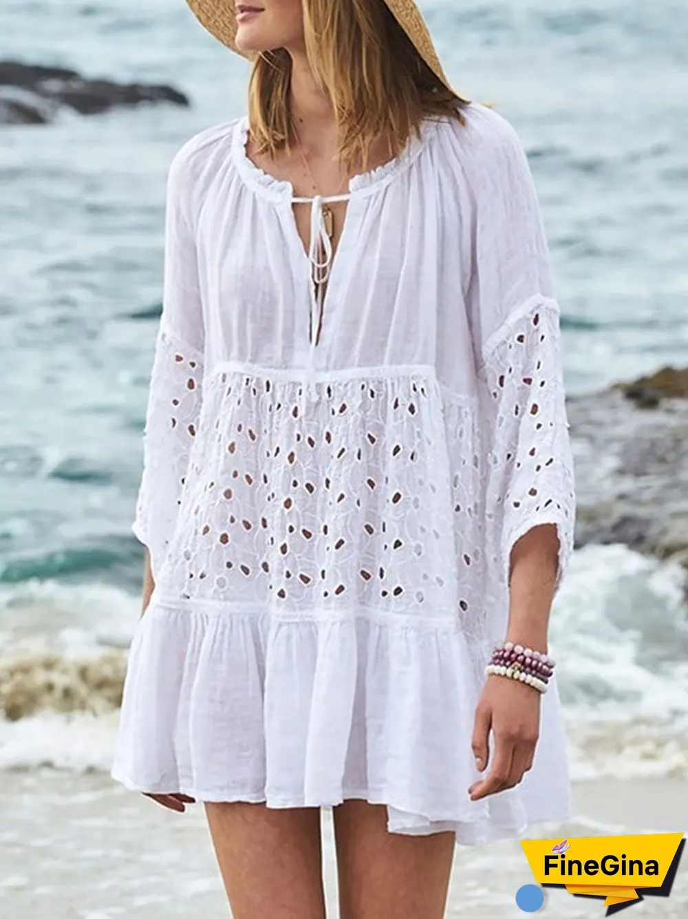 Woven slub cotton patchwork lace beach skirt sun-proof clothing loose bikini blouse