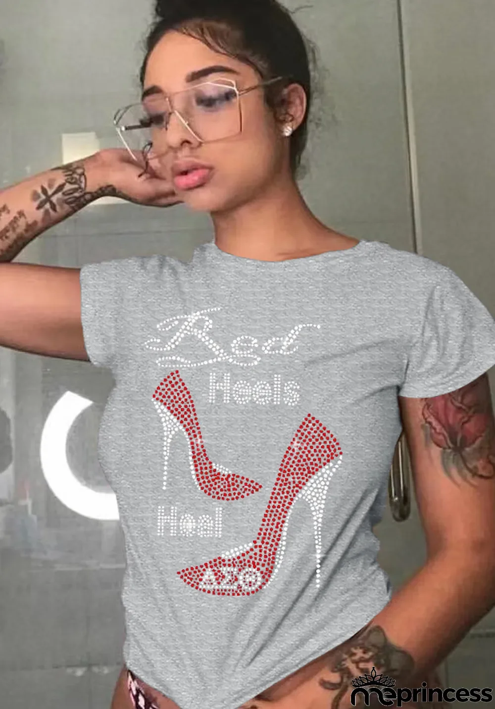 Women Summer Grey Sexy O-Neck Short Sleeves Print T-Shirt